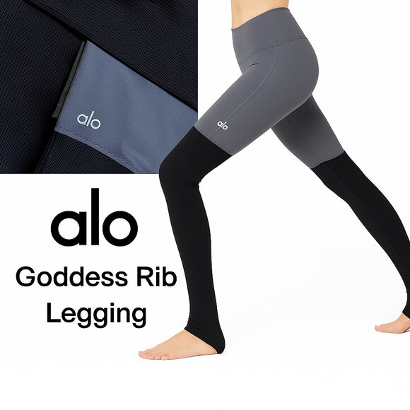 Alo Yoga Goddess Ribbed Dancer Leggings Gray Ribbed Long Foot Stirrup Style S - Picture 1 of 8